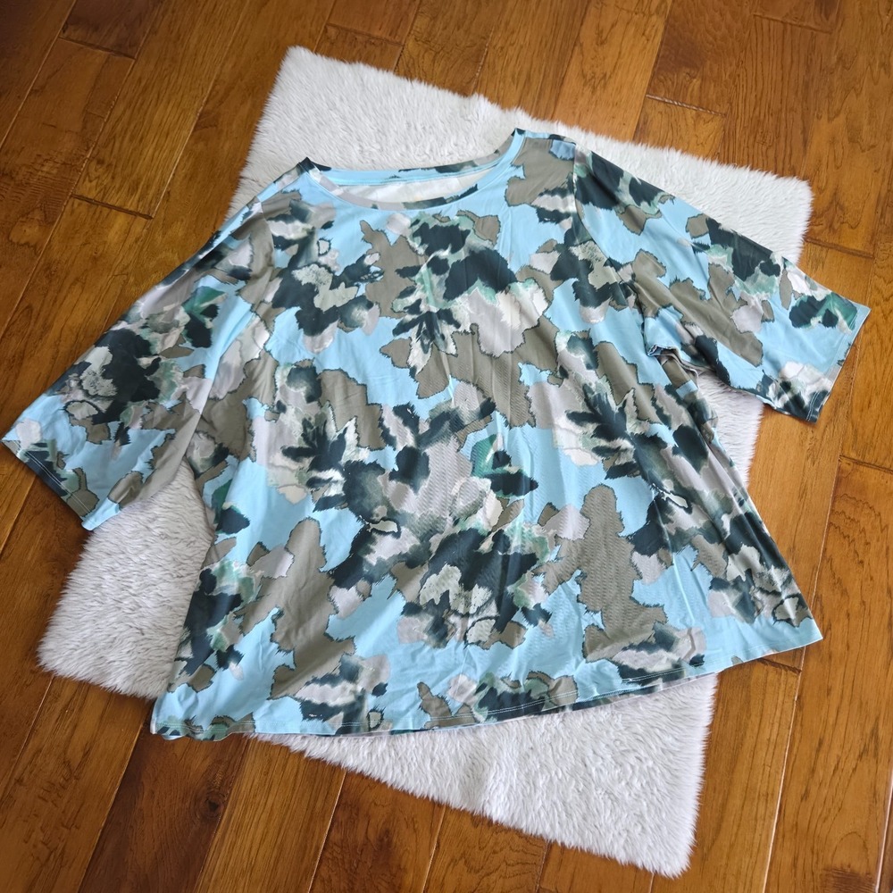 Belle Kim Gravel Blouse Shirt Women's Plus 5X Modal Blend Blue Green Watercolor
